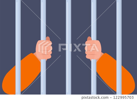 Hands holding prison bars. Human in jail in handcuffs. Arms of male prisoner in handcuffs holding jail bars. Hands of criminal person serve sentence in prison. Arrested guilty man. Vector. Hands holding prison bars. Human in jail in handcuffs. Arms of male prisoner in handcuffs holding jail bars. Hands of criminal person serve sentence in prison. Arrested guilty man. Vector. 122995703