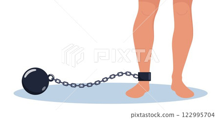 leg with iron chain with shackle and ball. Prison ball and chain. Prisoner. Committing violations of human rights. Shackles of power. Vector illustration. leg with iron chain with shackle and ball. Prison ball and chain. Prisoner. Committing violations of human rights. Shackles of power. Vector illustration. 122995704