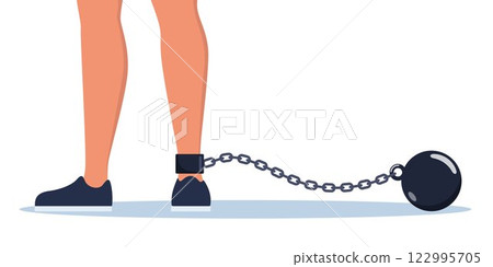 leg with iron chain with shackle and ball. Prison ball and chain. Prisoner. Committing violations of human rights. Shackles of power. Vector illustration. 122995705