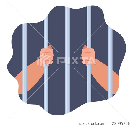 Hands holding prison bars. Human in jail in handcuffs. Arms of male prisoner in handcuffs holding jail bars. Hands of criminal person serve sentence in prison. Arrested guilty man. Vector. Hands holding prison bars. Human in jail in handcuffs. Arms of male prisoner in handcuffs holding jail bars. Hands of criminal person serve sentence in prison. Arrested guilty man. Vector. 122995706