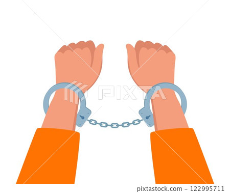 Hands in handcuffs. Arrested man in a metal handcuffs. Concept of arrest. Crime, corruption. Vector illustration. Hands in handcuffs. Arrested man in a metal handcuffs. Concept of arrest. Crime, corruption. Vector illustration. 122995711