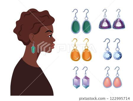 Women's jewelry earrings collection. Beautiful woman elegant lady side view portrait with Jewelry earring. Vector illustration. 122995714
