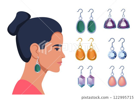 Women's jewelry earrings collection. Beautiful woman elegant lady side view portrait with Jewelry earring. Vector illustration. 122995715