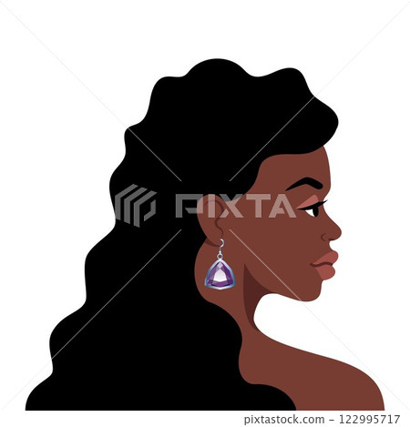 Beautiful black woman side view. Portrait of an elegant lady with Jewelry earring. Vector illustration. 122995717