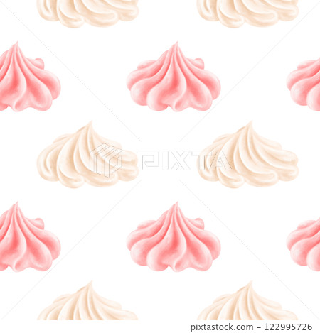 Seamless pattern with pink sweet strawberry cream in the shape of a rose. A delicious meringue dessert. Decor for cakes and pies for holidays and parties. Hand-drawn illustrations, background 122995726