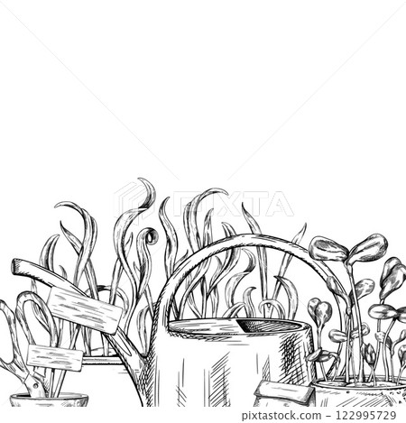 A vector border of farmers tools watering can, seeds, boxes of micro greens in black ink graphically. Equipment for gardens, greenhouses and florists. Agriculture, cultivation of plants, flowers A vector border of farmers tools watering can, seeds, boxes of micro greens in black ink graphically. Equipment for gardens, greenhouses and florists. Agriculture, cultivation of plants, flowers 122995729