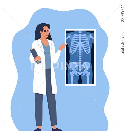 Doctor presenting human xray shot, gives a training lecture about anatomy. X ray of human skeleton chest and pelvis human bones. Medical seminar, lecture. Vector illustration. Doctor presenting human xray shot, gives a training lecture about anatomy. X ray of human skeleton chest and pelvis human bones. Medical seminar, lecture. Vector illustration. 122995744
