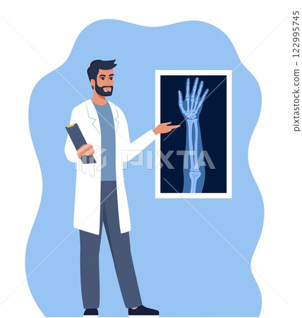 Doctor presenting human xray shot, gives a training lecture about anatomy. X ray human hand. Medical seminar, lecture. Vector illustration. Doctor presenting human xray shot, gives a training lecture about anatomy. X ray human hand. Medical seminar, lecture. Vector illustration. 122995745