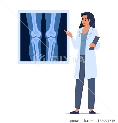Doctor presenting human xray shot, gives a training lecture about anatomy. Xray of human knees bones and joints. Medical seminar, lecture. Vector illustration. Doctor presenting human xray shot, gives a training lecture about anatomy. Xray of human knees bones and joints. Medical seminar, lecture. Vector illustration. 122995746