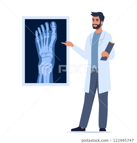 Doctor presenting human xray shot, gives a training lecture about anatomy. X ray human foot. Medical seminar, lecture. Vector illustration. Doctor presenting human xray shot, gives a training lecture about anatomy. X ray human foot. Medical seminar, lecture. Vector illustration. 122995747