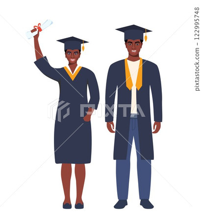 Couple of happy smiling black graduates with diplomas. Man and woman graduated from university. Vector illustration isolated on white. 122995748