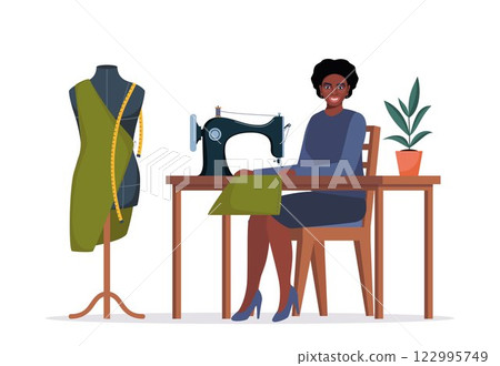African female dressmaker or seamstress working on sewing machine. Smiling woman sewing sitting on table. Fashion designer at workplace. Woman using sewing machine. Tailor with a mannequin. Vector. 122995749