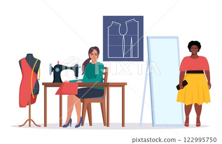 Female dressmaker or seamstress working on sewing machine. Seamstress client tries on a dress in front of a mirror in an atelier. Fashion designer at workplace. Tailor with a mannequin. Vector. 122995750