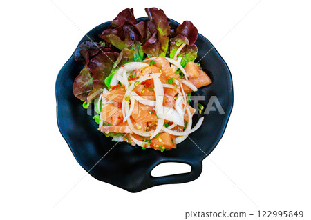 Top view of Salmon make Spicy Salad, Japanese food, focus selective 122995849