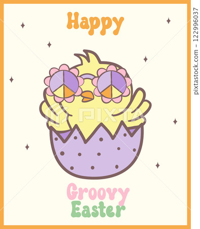 Cute Happy Groovy Easter bunny with retro disco egg Playful cartoon doodle animal hand drawing. Cute Happy Groovy Easter bunny with retro disco egg Playful cartoon doodle animal hand drawing. 122996037