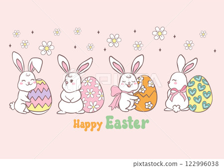 Groovy Easter Chicks with Retro Easter eggs banner. Playful cartoon doodle animal character hand drawing. Groovy Easter Chicks with Retro Easter eggs banner. Playful cartoon doodle animal character hand drawing. 122996038