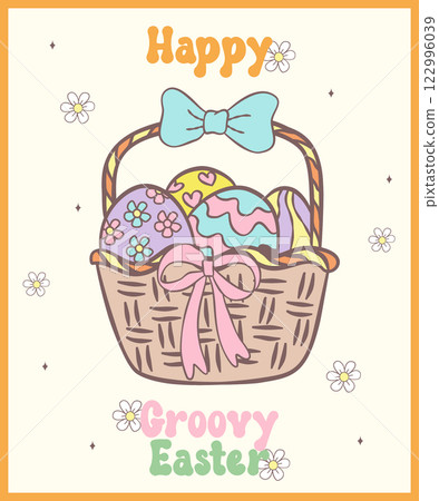 Groovy Easter eggs in the basket banner. Playful cartoon doodle animal character hand drawing. Groovy Easter eggs in the basket banner. Playful cartoon doodle animal character hand drawing. 122996039