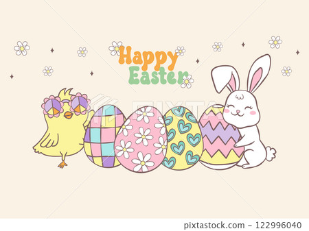 Groovy Easter Chicks with Retro Easter eggs banner. Playful cartoon doodle animal character hand drawing. 122996040