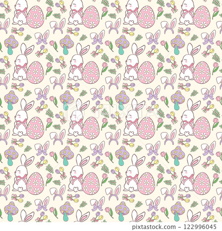 Festive Groovy Easter Pattern Seamless retro Easter Eggs in retro doodle drawing isolated on background. 122996045