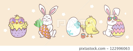 Draw vector illustration character design banner cute chicks Bunny for easter and spring Doodle cartoon style Draw vector illustration character design banner cute chicks Bunny for easter and spring Doodle cartoon style 122996063
