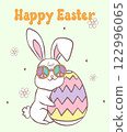 Cute Happy Groovy Easter bunny with retro egg Playful cartoon doodle animal hand drawing. 122996065