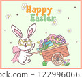 Cute Happy Groovy Easter bunny with retro egg Playful cartoon doodle animal hand drawing. 122996066