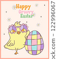 Cute Happy Groovy Easter bunny with retro disco egg Playful cartoon doodle animal hand drawing. 122996067