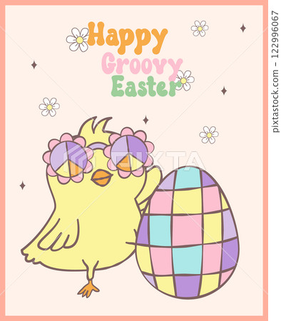 Cute Happy Groovy Easter bunny with retro disco egg Playful cartoon doodle animal hand drawing. 122996067