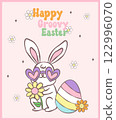 Cute Happy Groovy Easter bunny with retro disco egg Playful cartoon doodle animal hand drawing. 122996070