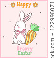 Cute Happy Groovy Easter bunny with retro disco egg Playful cartoon doodle animal hand drawing. 122996071
