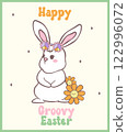 Cute Happy Groovy Easter bunny with retro disco egg Playful cartoon doodle animal hand drawing. 122996072