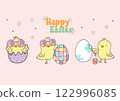Groovy Easter Chicks with Retro Easter eggs banner. Playful cartoon doodle animal character hand drawing. 122996085