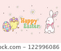 Groovy Easter Chicks with Retro Easter eggs banner. Playful cartoon doodle animal character hand drawing. 122996086