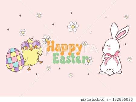 Groovy Easter Chicks with Retro Easter eggs banner. Playful cartoon doodle animal character hand drawing. 122996086