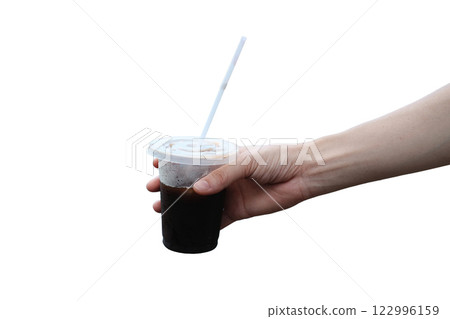 Close up woman hand holding a plastic glass Iced black coffee isolated on white background 122996159