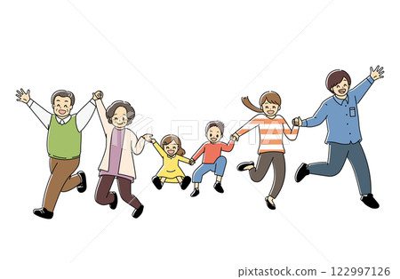 一個三代家庭跳躍和玩樂的彩色插圖 122997126
