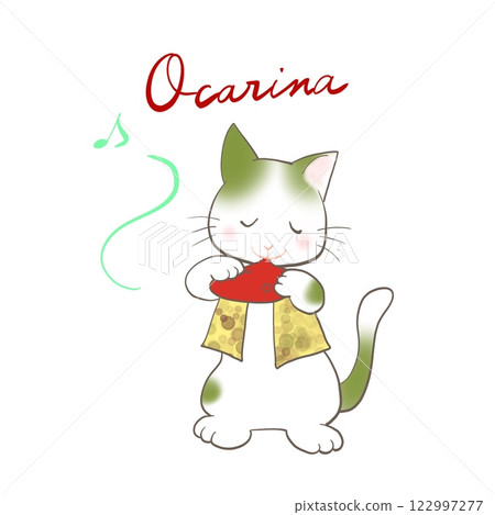 Illustration of a cat playing an ocarina 122997277
