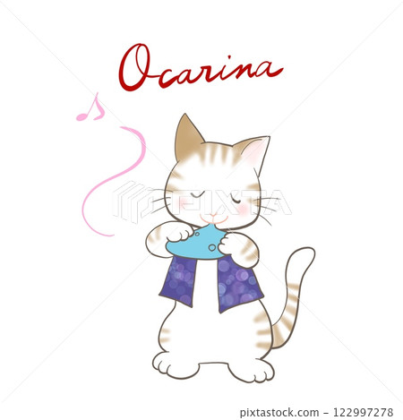 一隻貓在吹奏陶笛的插圖 一隻貓在吹奏陶笛的插圖 122997278