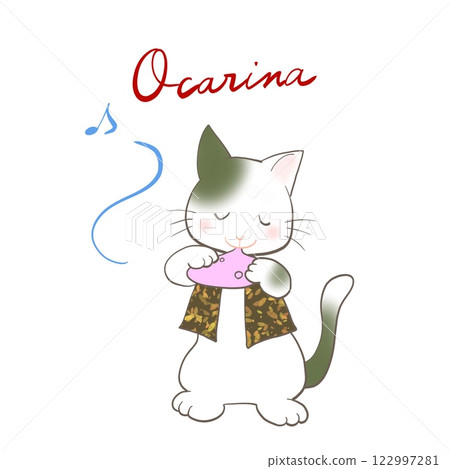 一隻貓在吹奏陶笛的插圖 122997281