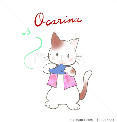 Illustration of a cat playing an ocarina 122997283