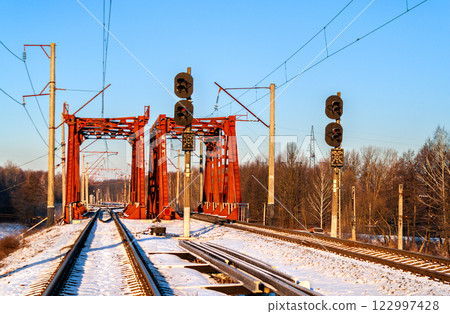 Railway tracks, signals and bridges at Korosten station in Zhytomyr Oblast, northern Ukraine Railway tracks, signals and bridges at Korosten station in Zhytomyr Oblast, northern Ukraine 122997428