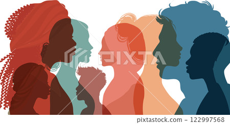 Silhouette profile group of men and women of diverse culture. Diversity equality inclusion. DEIB. Multicultural. Crowd of people 122997568