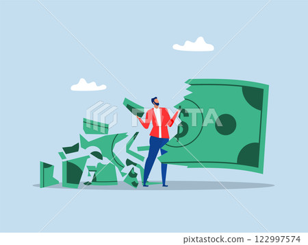 Investment in Financial Crisis,businessman holding big dollar banknote money while loss, crumble and reduce in value.Lose money investment in financial crisis concept 122997574