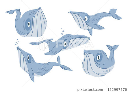 Set of stylized cartoon whales with big eyes and bubbles, mammals for alphabets, books and posters 122997576
