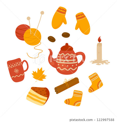 balls of thread, warm clothes and teatime  122997588
