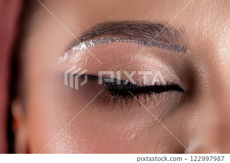 A closeup view showcasing stunning and beautiful eye makeup featuring shimmering accents 122997987