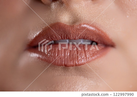 A closeup of glossy lips with nude color that enhances their natural beauty attractively 122997990