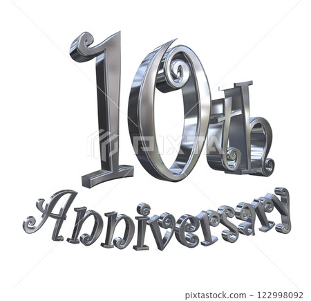 3DCG 字母“10 週年/10 週年紀念閃光”銀色，銀色 122998092