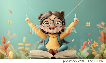 Happy girl sitting on an open book with her hands up 122998497