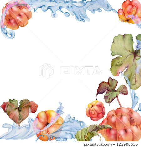 Cloudberry raspberry flying in wave water splashes with drops, hand drawn in watercolor, ripe red forest berry and leaves. Square frame illustration for restaurant, cafe menu, wedding, farmers market 122998516